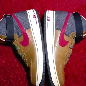 NIKE AIR FORCE 1 ALE BROWN RED DENIM HIGHTOP SZ 12 MENS